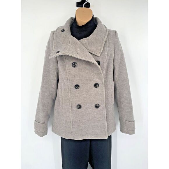 H&M Light Gray High Collar Double Breasted Fully‎ Lined Women's Pea Coat Size 6 - Picture 1 of 11